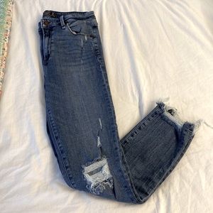 Abercrombie and Fitch High Rise Ankle Jeans, Size 27Long, dark blue wash.